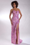 Front view of Jasz Couture 7973 in pink with 3D petals, keyhole neckline, and thigh-high slit.