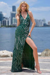 Front view of Jasz Couture 7975 in emerald with intricate leaf beading, plunging halter neckline, and slit.
