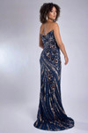 Back view of Jasz Couture 7979 in navy/rose gold showing elegant V-back and swirling sequin pattern.