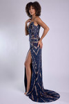Side view of Jasz Couture 7979 in navy/rose gold displaying fitted silhouette and thigh-high slit.