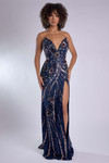 Front view of Jasz Couture 7979 in navy/rose gold with 3D floral beading and plunging V-neckline.
