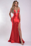 Model in the red version featuring the same plunging keyhole neckline, corset bodice, and thigh-high slit.