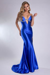 Model wearing a royal blue fitted jersey gown with a plunging strapless keyhole neckline, beaded underwire, and high slit.