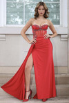 Front view of Jasz Couture 7982 in red featuring beaded corset bodice and asymmetrical drape.