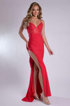 Model wearing the red version with V-neckline, slit, and ruched detailing.