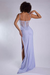 Back view of Jasz Couture 7987 in lilac showing sheer corset bodice and straight across back.