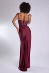 Back view of the wine gown showing the straight zipper back and ruched jersey skirt.