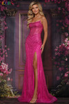 Colors Dress 3568 in Fuchsia with a strapless scoop neckline, fully beaded mesh, and thigh-high slit