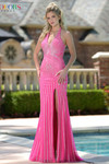 Colors Dress 3763 in Hot Pink with a plunging halter neckline, linear beadwork, illusion mesh side cut-outs, and thigh-high slit