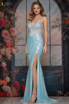 Colors Dress 3781 in Light Blue with zig-zag V-neckline and sunburst beaded corset bodice.