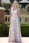 Colors Dress 3807 in Ivory/Multi with plunging V-neckline and flowing A-line skirt.