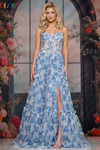 Colors Dress 3810 in Blue with corset bodice and cascading tiered ruffle skirt.