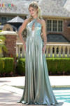 Colors Dress 3815 in Sage with a halter keyhole neckline, liquid metallic finish, and elegant A-line skirt.