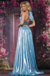 Colors Dress 3815 in blue with a liquid metallic A-line design, open back, and ruched waist detailing.