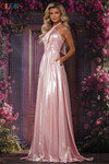 Colors Dress 3815 in Pink with a liquid metallic A-line silhouette, halter keyhole neckline, and ruched waist detail.