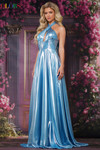 Colors Dress 3815 in blue with a shimmering liquid metallic fabric, halter neckline, and flowing A-line skirt.