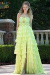 Colors Dress 3818 in Lime Green with a layered chiffon skirt and subtle keyhole front cutout.