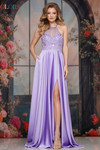 Colors Dress 3822 in Lavender with a beaded lace halter neckline and airy A-line silhouette with pockets.