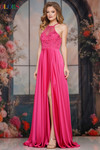 Colors Dress 3822 in Hot Pink with a beaded halter neckline, embellished lace bodice, and flowing skirt with slit.