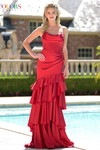 Colors Dress 3823 in Red with structured corset bodice and layered satin ruffles.