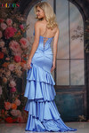 Colors Dress 3823 in Cornflower back view showing lace-up back and cascading ruffles.