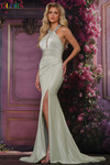 Colors Dress 3835 in Sage with a beaded halter neckline, metallic jersey fabric, and sleek fitted prom silhouette.