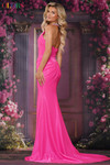 Colors Dress 3835 in Hot Pink with a ruched wrapped bodice, thigh-high slit, and open back with zipper closure.