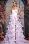 Colors Dress 3836 in Lilac with corset bodice and tiered ruffle skirt with slit.