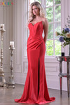 Colors Dress 3839 in Red with a strapless cat-eye neckline, ruched metallic jersey skirt, and sleek fitted shape.