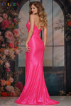 Colors Dress 3839 in Hot Pink with a fitted metallic jersey silhouette, ruched skirt, and V-back zipper closure.