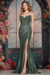 Colors Dress 3839 in Deep Sage with a structured corset bodice, thigh-high slit, and metallic jersey fabric.
