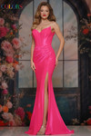 Colors Dress 3839 in Hot Pink with a strapless cat-eye neckline, structured corset bodice, and thigh-high slit.