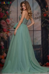 Colors Dress 3843 in Sage with a delicately beaded bodice, sleek front slit, and mid-open zipper back.