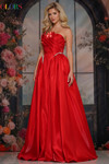 Colors Dress 3845 in Red with pleated ball gown skirt and corset back.