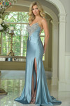 Colors Dress 3850 in Dusty Blue with a beaded bodice, metallic jersey skirt, and dramatic front slit.