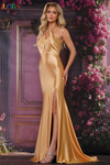 Colors Dress 3853 in Gold with luminous satin fabric and beaded halter detail.