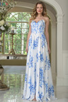 Colors Dress 3857 in Blue with sweetheart neckline and blue floral print on white satin.