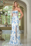 Colors Dress 3858 in Blue with a strapless corset bodice, keyhole front cutout, and floral printed satin fabric.