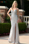 Colors Dress 3864 in Silver with a fully beaded mesh fabric, corset structure, and elegant fitted shape.