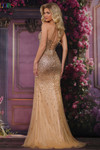 Colors Dress 3864 in Gold with a corset bodice, lace-up back, and fitted beaded silhouette.