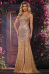 Colors Dress 3864 in Gold with a V-neckline, spaghetti straps, fully beaded mesh, and thigh-high slit.