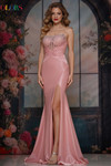 Colors Dress 3867 in Rose with sheer corset bodice and thigh-high slit.