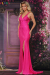 Colors Dress 3870 in Lipstick with linear beadwork, V-neckline, side cutouts, and thigh-high slit.