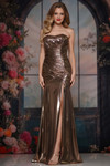 Colors Dress 3873 in Antique Gold with a strapless silhouette, sculpted ruching, and dramatic high slit.