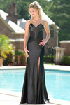 Colors Dress 3878 in Black without the sleeves showing thigh-high slit and fitted silhouette.