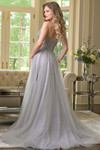 Colors Dress 3879 in Silver with a structured corset bodice, flowing skirt, and mid-open zipper back.