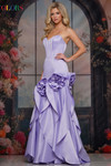 Colors Dress 3880 in Lavender with corset bodice and dimensional rosette accents.