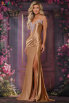 Colors Dress 3883 in Dark Nude with heavily beaded bustline, ruched skirt, and thigh-high slit.