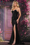 Colors Dress 3884 in Black with a strapless corset bodice, beaded trim, and dramatic high slit.