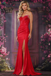 Colors Dress 3884 in Red with a strapless sweetheart neckline, corset bodice, and thigh-high slit.